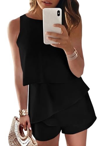 Dokotoo Womens Ladies Fashion 2025 Elegant Summer Casual Sexy Off Shoulder Halter Neck Ruffle Chiffon Sleeveless One Piece Short Rompers Jumpsuit,Black Medium - Image 1