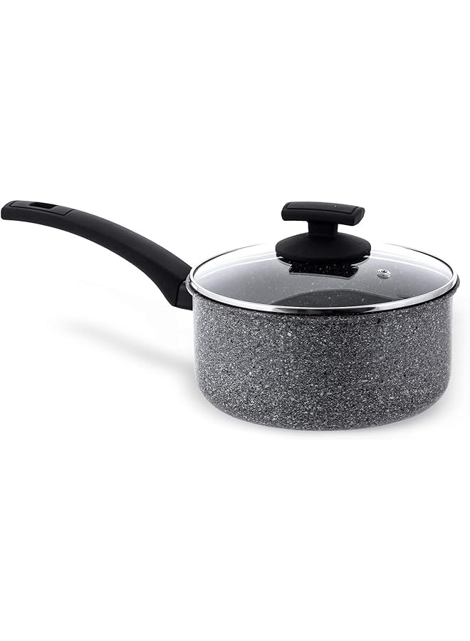 PROMASS Elementi Natura Made in Italy 20cm Granite Nonstick Saucepan with Glass Lid No-Mess No-Fuss Carefree Sauce Pan Cookware Dishwasher Safe PFOA & Lead Free Saucepans Italian Cookware