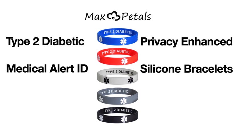 Max Petals Type 2 Diabetic Medical Alert Bracelets - Discreet Inside Engraving Emergency ID - Waterproof Silicone 5 Pack - Image 2