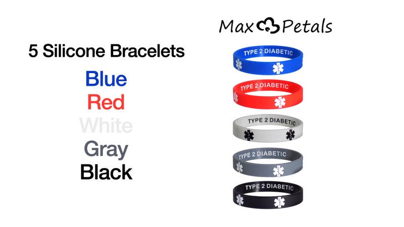 Max Petals Type 2 Diabetic Medical Alert Bracelets - Discreet Inside Engraving Emergency ID - Waterproof Silicone 5 Pack - Image 3