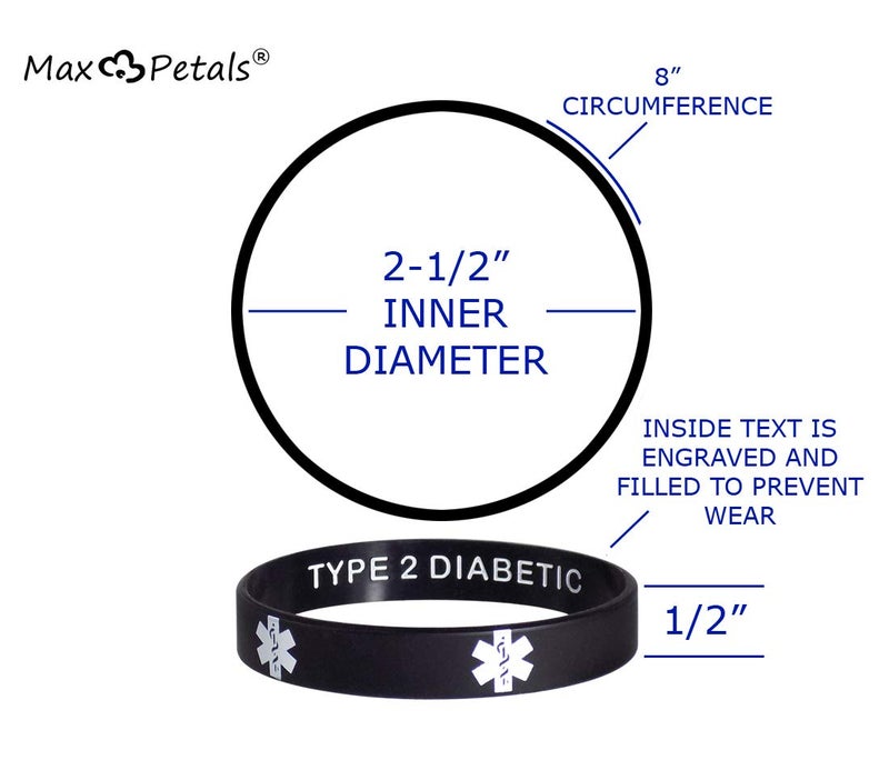 Max Petals Type 2 Diabetic Medical Alert Bracelets - Discreet Inside Engraving Emergency ID - Waterproof Silicone 5 Pack - Image 1