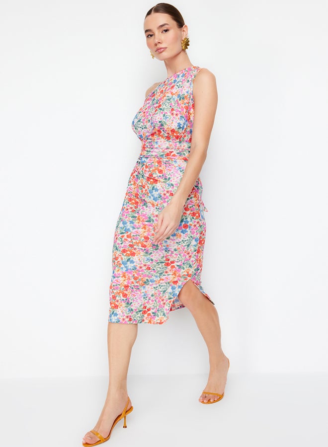 trendyol Multi-Colored Fitted One-Shoulder Asymmetrical Gather Detailed Knitted Midi Pencil Dress - Image 1