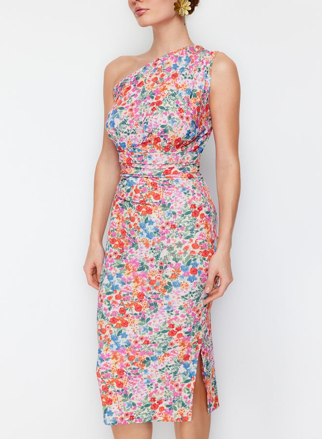 trendyol Multi-Colored Fitted One-Shoulder Asymmetrical Gather Detailed Knitted Midi Pencil Dress - Image 3