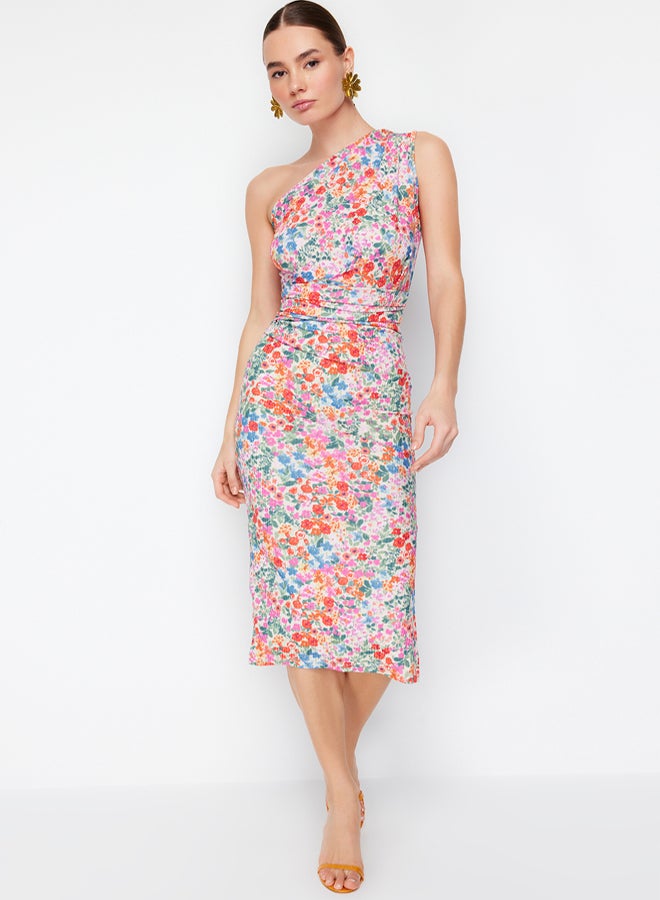 trendyol Multi-Colored Fitted One-Shoulder Asymmetrical Gather Detailed Knitted Midi Pencil Dress - Image 2