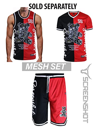 SCREENSHOT-TK1113 Mens Premium Urban Sreetwear Fashion Basketball Jersey Tank Top - Half Color Block Black Bear Sports Team Colored Side Signature Sleeveless Mesh Top-Black/Red-Medium - Image 2