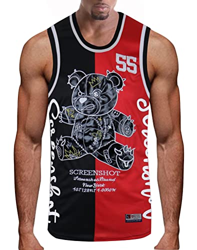 SCREENSHOT-TK1113 Mens Premium Urban Sreetwear Fashion Basketball Jersey Tank Top - Half Color Block Black Bear Sports Team Colored Side Signature Sleeveless Mesh Top-Black/Red-Medium - Image 5