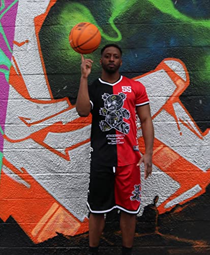 SCREENSHOT-TK1113 Mens Premium Urban Sreetwear Fashion Basketball Jersey Tank Top - Half Color Block Black Bear Sports Team Colored Side Signature Sleeveless Mesh Top-Black/Red-Medium - Image 3