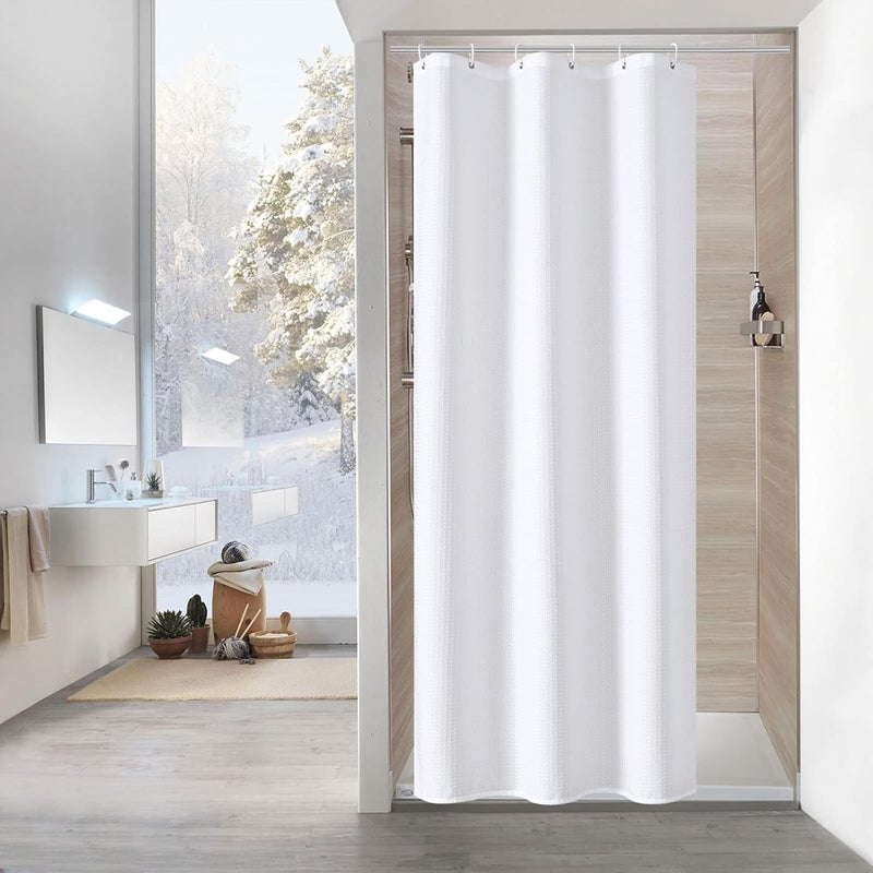 MitoVilla White Waffle Small Stall Shower Curtain 36 x 72, Farmhouse Half Size Shower Curtain Liner, Fabric Narrow Shower Curtains for Bathroom Decor, 36 inch Waffle Weighted Shower Curtain Set - Image 1