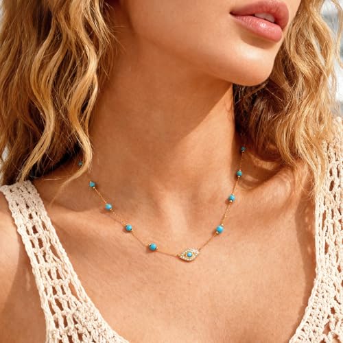 XUANPAI Gold Evil Eye Turquoise Necklace - 14K Gold Plated Turquoise Beaded Necklaces,Non Tarnish Golden Lucky Protection Western Jewelry,Trendy Boho Evil Eye Choker Gifts for Women Girlfriend Sister Wife - Image 2