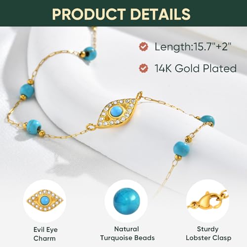 XUANPAI Gold Evil Eye Turquoise Necklace - 14K Gold Plated Turquoise Beaded Necklaces,Non Tarnish Golden Lucky Protection Western Jewelry,Trendy Boho Evil Eye Choker Gifts for Women Girlfriend Sister Wife - Image 5