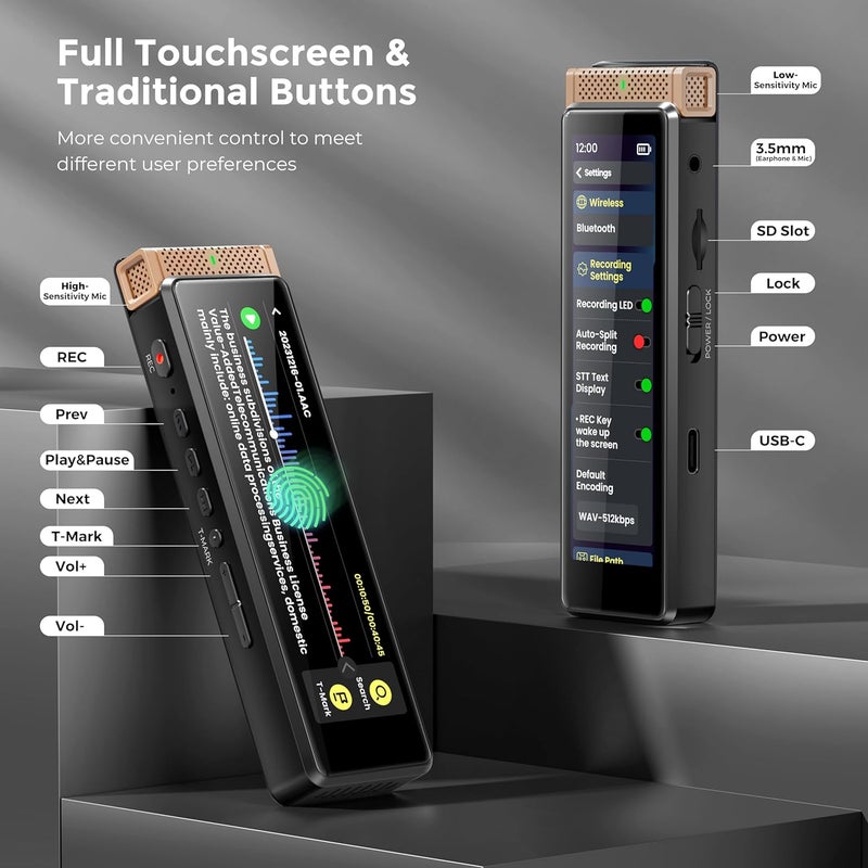 innioasis Elegant appearance 136GB Voice Recorder Device with Playback, Full Touchscreen Audio Recording Device with AI Intelligent Transcription and Bluetooth, Voice Recorder Mic and Voice Activated Recorder (Gold) Leakproof sealed - Image 2
