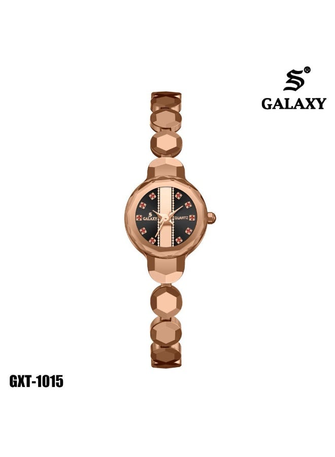 جالاكسي ساعة يد نسائية GALAXY GXT-1015 كوارتز عقارب بلون ذهبي وردي مع ميناء بتباين أسود وذهبي وسوار حلقي
