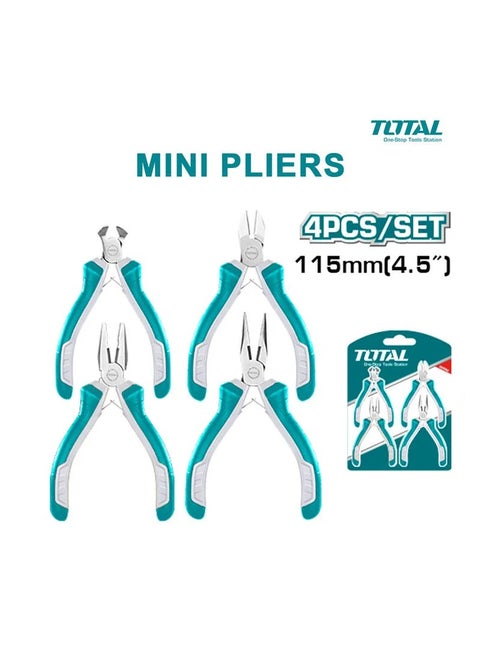 T0TAL 4-Piece Mini Pliers Set 115mm 4.5 With Rubber Handles Set Of Cutting Diagonal Long Combination Pliers