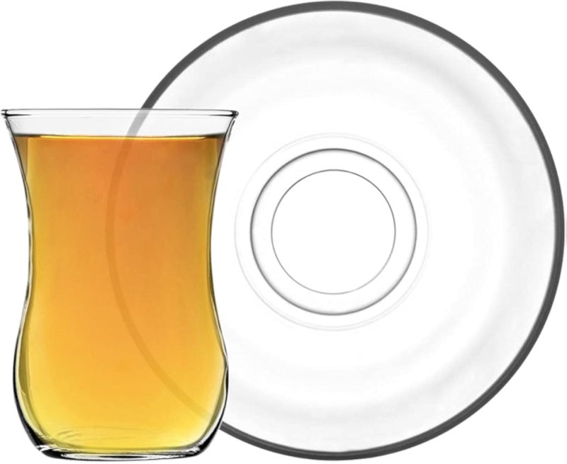 LAV Klasik Glass Tea Cup and Saucer Set - Clear Cups for Coffee, Hot Drinks - 115ml - Set of 12