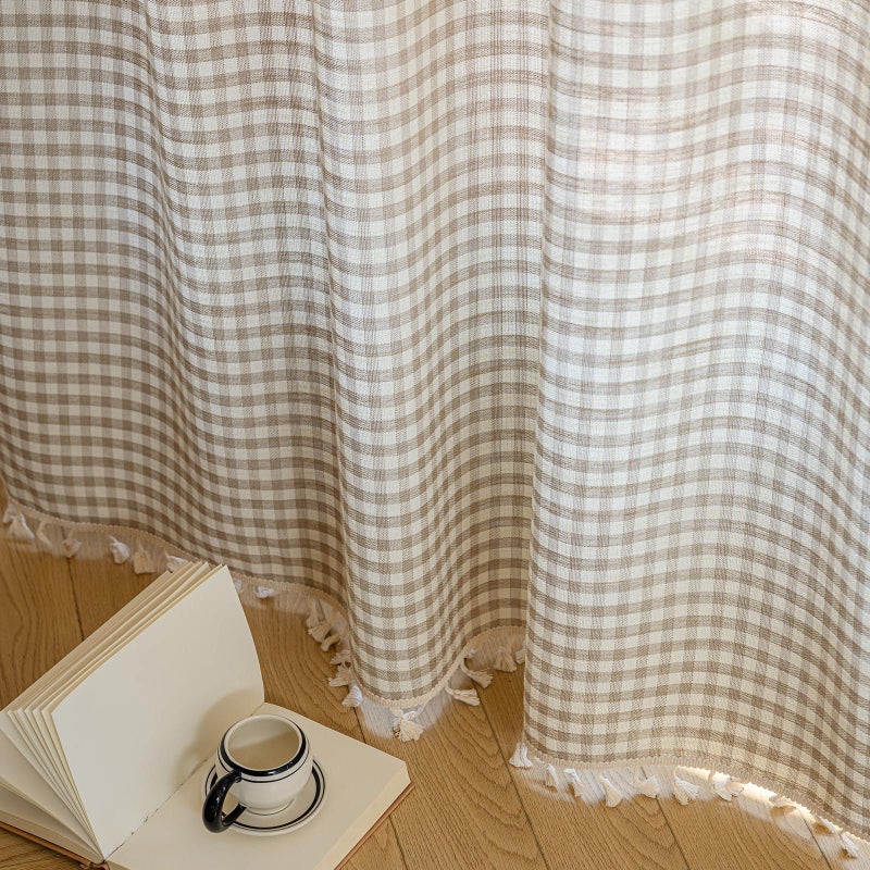 ENJOYBRIDAL Light Brown Plaid Curtains 84 Inches Long 2 Panels Gingham Living Room Semi Sheer Drapes Rod Pocket Dining Room Farmhouse Window Curtain Panels Country Boho Bedroom Cute Window Treatments - Image 5