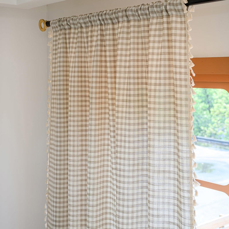 ENJOYBRIDAL Light Brown Plaid Curtains 84 Inches Long 2 Panels Gingham Living Room Semi Sheer Drapes Rod Pocket Dining Room Farmhouse Window Curtain Panels Country Boho Bedroom Cute Window Treatments - Image 4