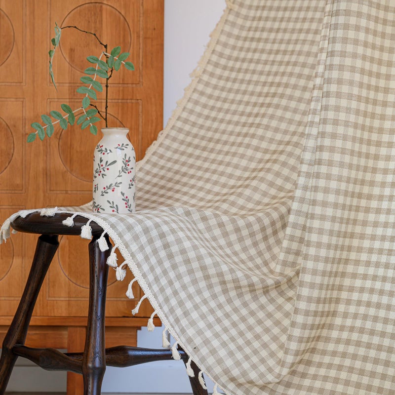 ENJOYBRIDAL Light Brown Plaid Curtains 84 Inches Long 2 Panels Gingham Living Room Semi Sheer Drapes Rod Pocket Dining Room Farmhouse Window Curtain Panels Country Boho Bedroom Cute Window Treatments - Image 1