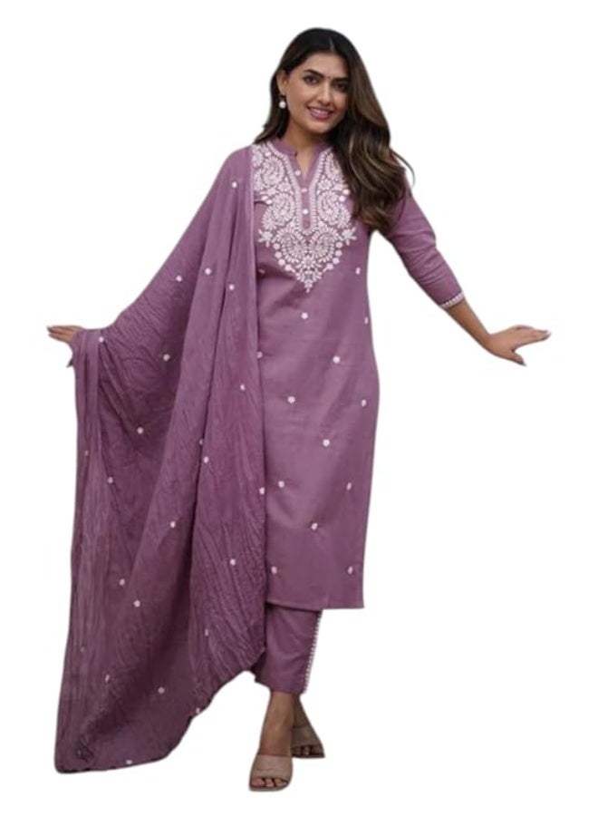 YASHIKA طقم كورتة شانديري نسائي من ياشيكا مع شال | كورتة بقصة مستقيمة | ملابس تراثية بأكمام ثلاثة أرباع | بنفسجي | مقاس صغير - Image 1