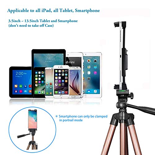 Peastrex IPad Tripod Stand Universal Tablet Phone Mount Holder 51in Lightweight with Bluetooth Remote for iPad Pro 12.9 11 10.5,iPad Air Mini,Surface Tab,Galaxy Tab and 3.5 to 13.5in iPhone Tablet - Champagne - Image 4