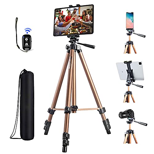 Peastrex IPad Tripod Stand Universal Tablet Phone Mount Holder 51in Lightweight with Bluetooth Remote for iPad Pro 12.9 11 10.5,iPad Air Mini,Surface Tab,Galaxy Tab and 3.5 to 13.5in iPhone Tablet - Champagne - Image 1