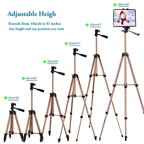 Peastrex IPad Tripod Stand Universal Tablet Phone Mount Holder 51in Lightweight with Bluetooth Remote for iPad Pro 12.9 11 10.5,iPad Air Mini,Surface Tab,Galaxy Tab and 3.5 to 13.5in iPhone Tablet - Champagne - Image 3