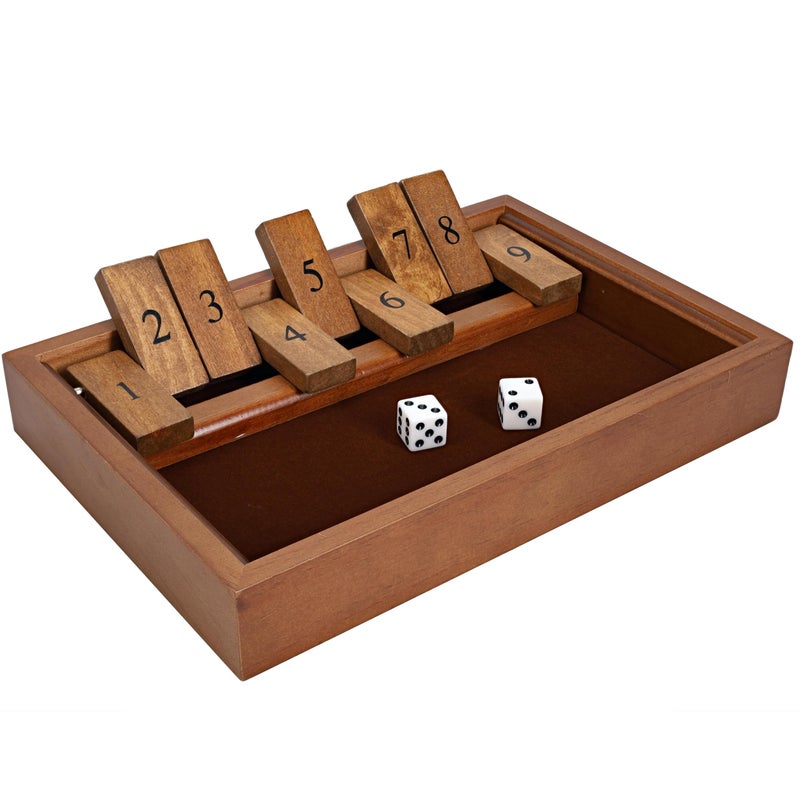 WE Games Shut the Box Game Wooden – 9 Number Flip Tiles with Dark Stained Wooden Box, Board Game for Game Night, Math Games, Clackers, Family Games, Adult Dice Games, Board Games for Adults, 11 inches - Image 1