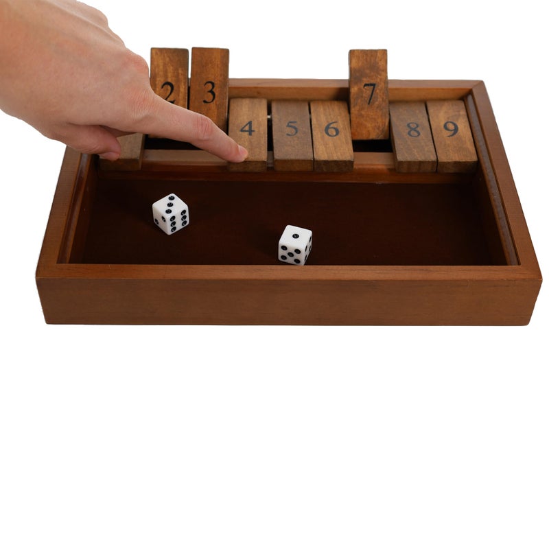 WE Games Shut the Box Game Wooden – 9 Number Flip Tiles with Dark Stained Wooden Box, Board Game for Game Night, Math Games, Clackers, Family Games, Adult Dice Games, Board Games for Adults, 11 inches - Image 4