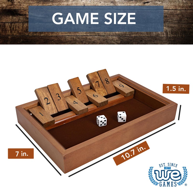 WE Games Shut the Box Game Wooden – 9 Number Flip Tiles with Dark Stained Wooden Box, Board Game for Game Night, Math Games, Clackers, Family Games, Adult Dice Games, Board Games for Adults, 11 inches - Image 3