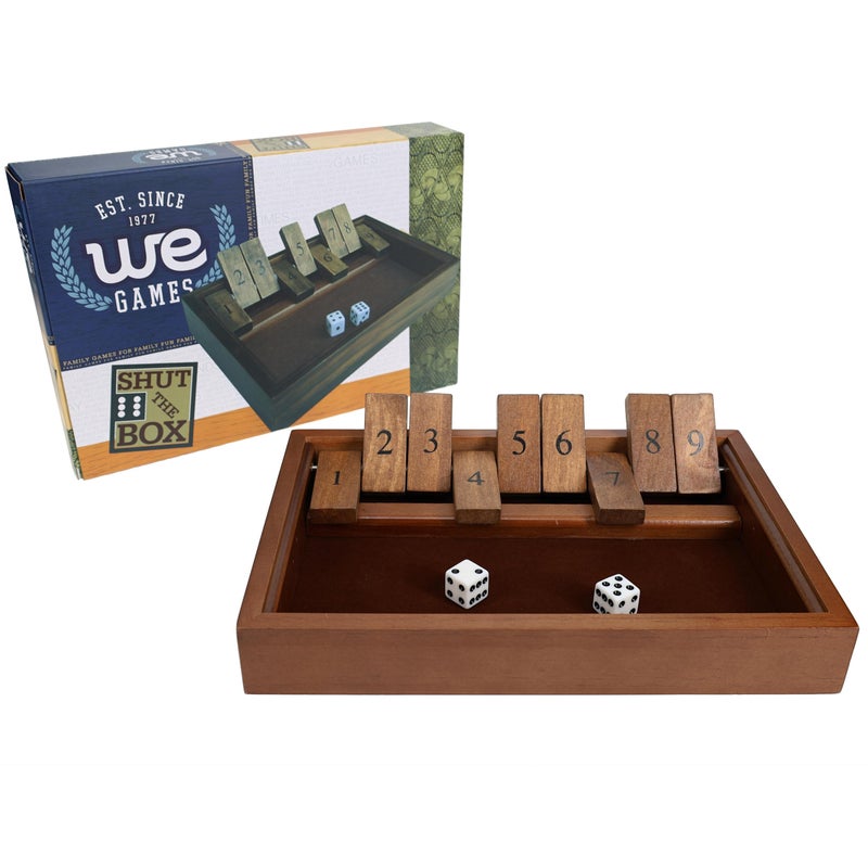 WE Games Shut the Box Game Wooden – 9 Number Flip Tiles with Dark Stained Wooden Box, Board Game for Game Night, Math Games, Clackers, Family Games, Adult Dice Games, Board Games for Adults, 11 inches - Image 5