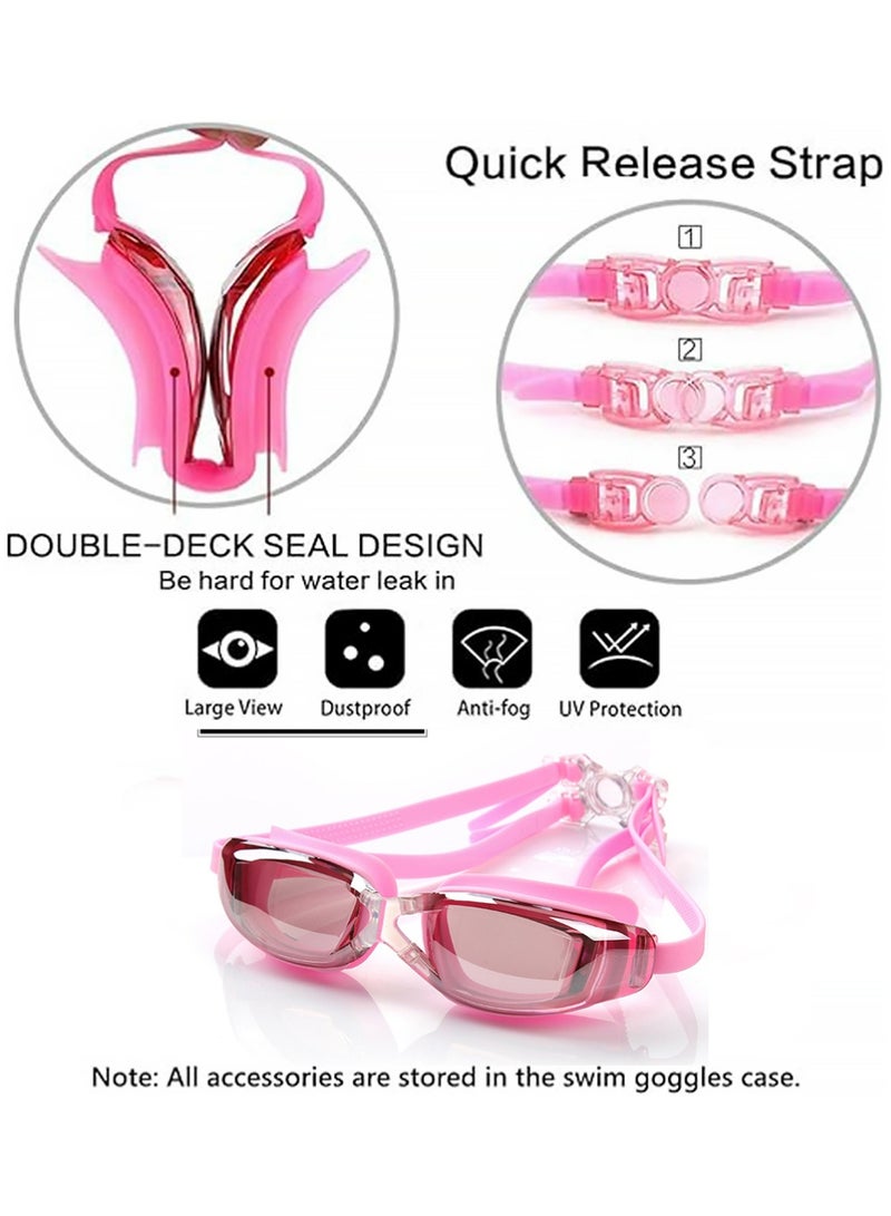 YOUGE Professional Waterproof Swimming Goggles Mirrored Lens With ultra wide and clear view comes with plastic case Nose Clip with Earplugs Pouch and Swimming cap All in one set anti fog swimming goggles（Pink） - Image 2