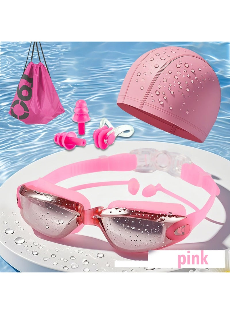 YOUGE Professional Waterproof Swimming Goggles Mirrored Lens With ultra wide and clear view comes with plastic case Nose Clip with Earplugs Pouch and Swimming cap All in one set anti fog swimming goggles（Pink） - Image 1