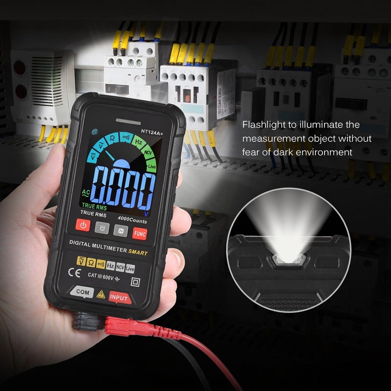 مقياس متعدد HABOTEST HT124A+، عداد 4000 عدداً، متعدد رقمي ذكي RMS حقيقي، لاختبار الجهد المتردد/المستمر 600 فولت ومقاومة الاستمرارية والتردد والخطوط الحية NVC، مع شاشة LCD ملونة - Image 2
