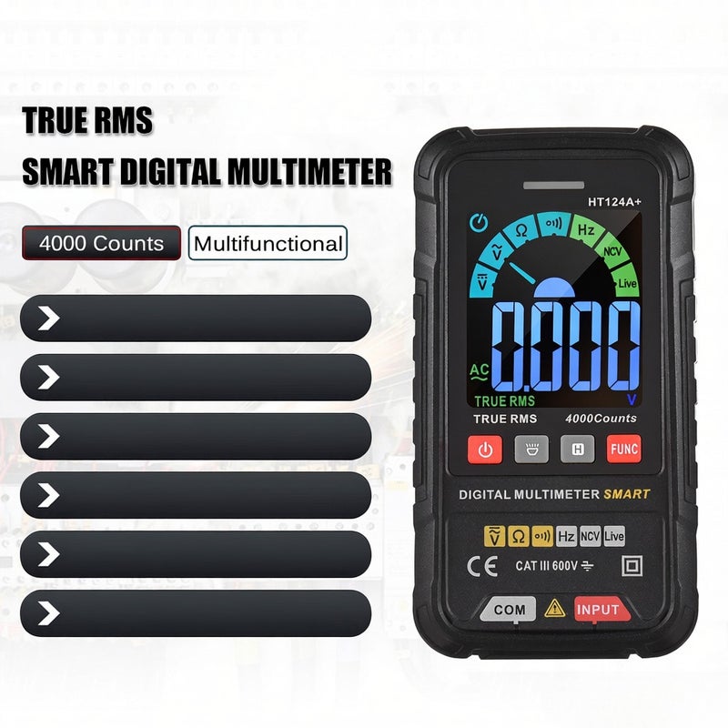 مقياس متعدد HABOTEST HT124A+، عداد 4000 عدداً، متعدد رقمي ذكي RMS حقيقي، لاختبار الجهد المتردد/المستمر 600 فولت ومقاومة الاستمرارية والتردد والخطوط الحية NVC، مع شاشة LCD ملونة - Image 3