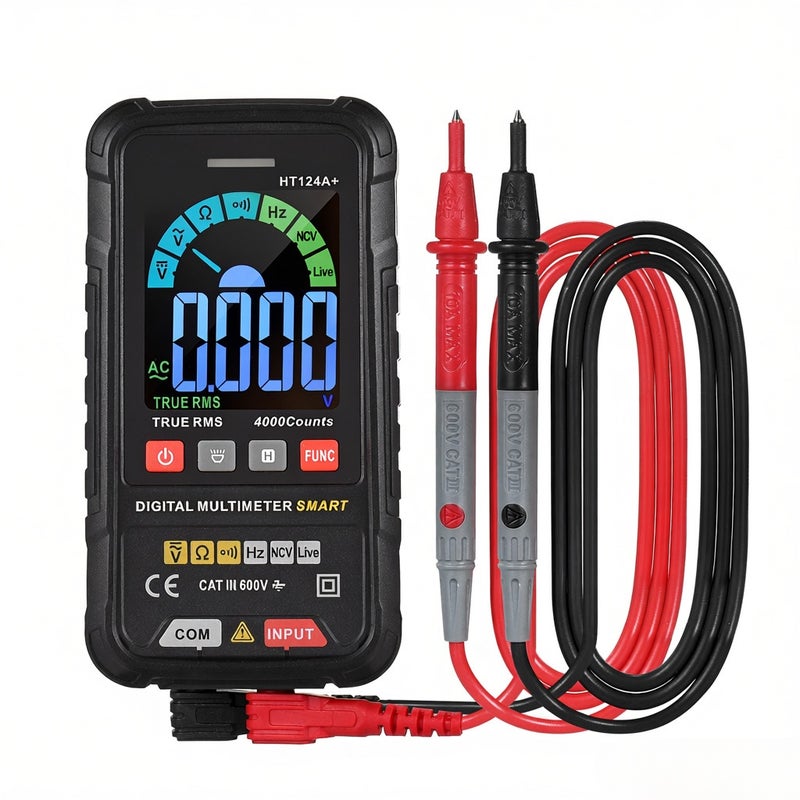 مقياس متعدد HABOTEST HT124A+، عداد 4000 عدداً، متعدد رقمي ذكي RMS حقيقي، لاختبار الجهد المتردد/المستمر 600 فولت ومقاومة الاستمرارية والتردد والخطوط الحية NVC، مع شاشة LCD ملونة - Image 1