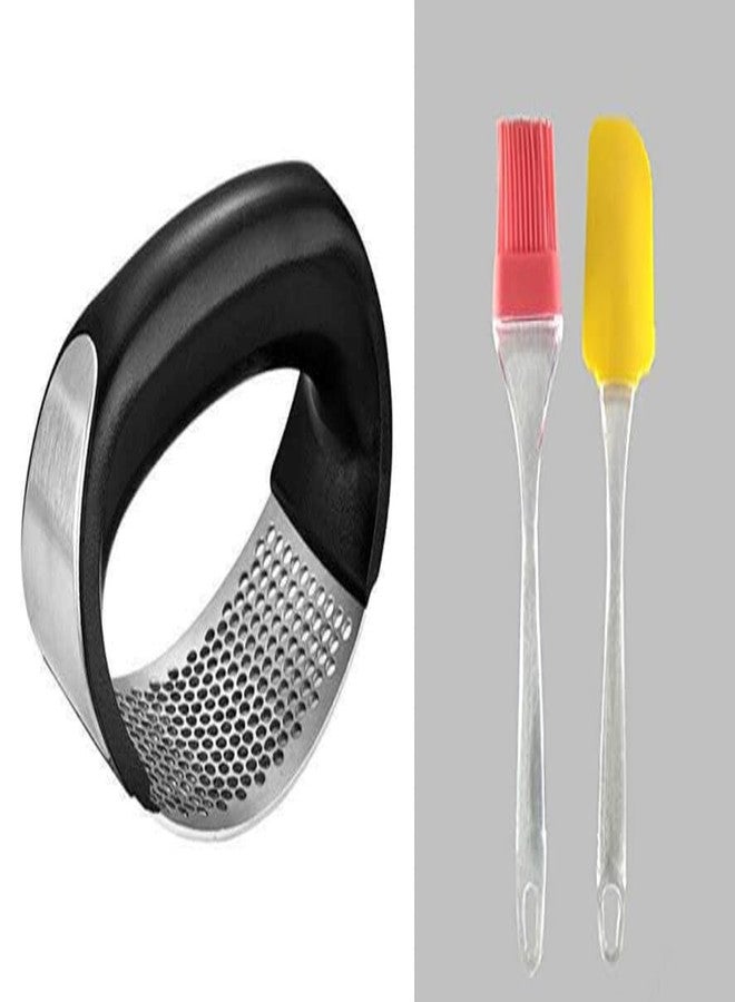 YOPRAM Stainless Steel Garlic Presser & Set of 2 Kitchen Silicon Flat Pastry Brush and Spatula Set - Image 1