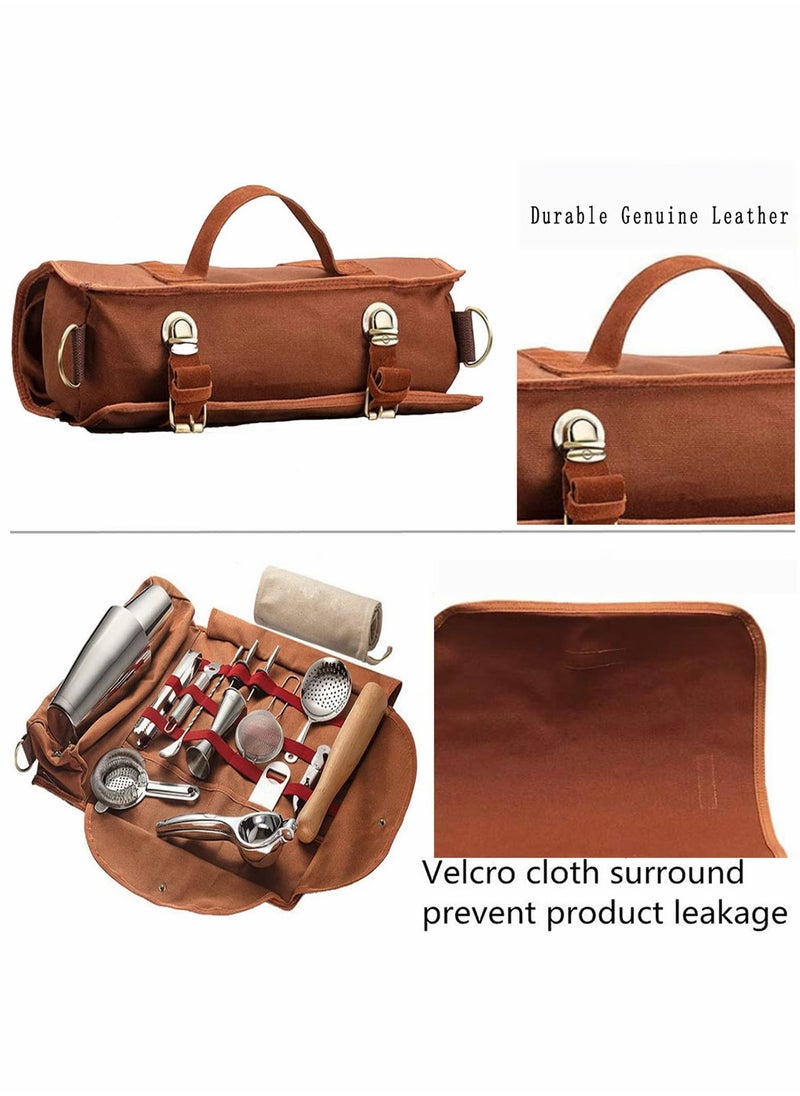 HomarKet - Bartender Bag Bartender Kit Bag Portable Waxed Canvas Bag Can Use For Professional 17-Piece Bar Tool Set Including Shoulder Strap For Easy Carry Bar Tools Not Include - Brown - Image 1
