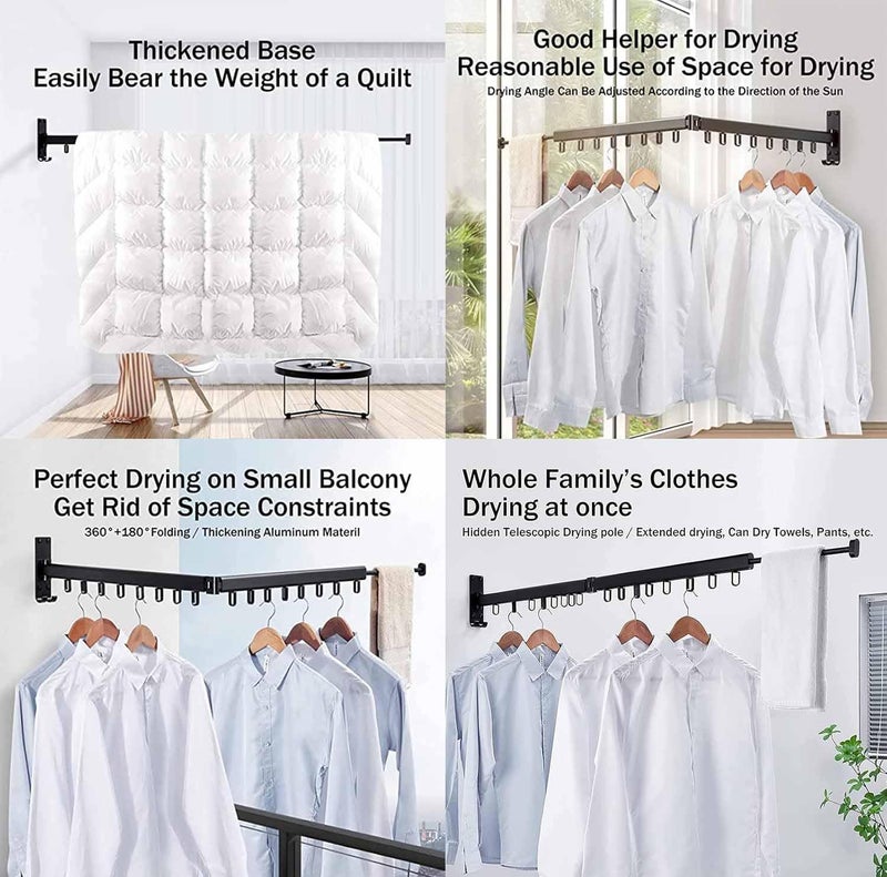 SKOFRI Clothes Drying Rack Wall Mounted Foldable Clothes Airer with Hooks Retractable Laundry Drying Rack Folding Space Saver Clothes Drying Hanger Racks for Balcony Laundry Bathroom2Tier - Image 4