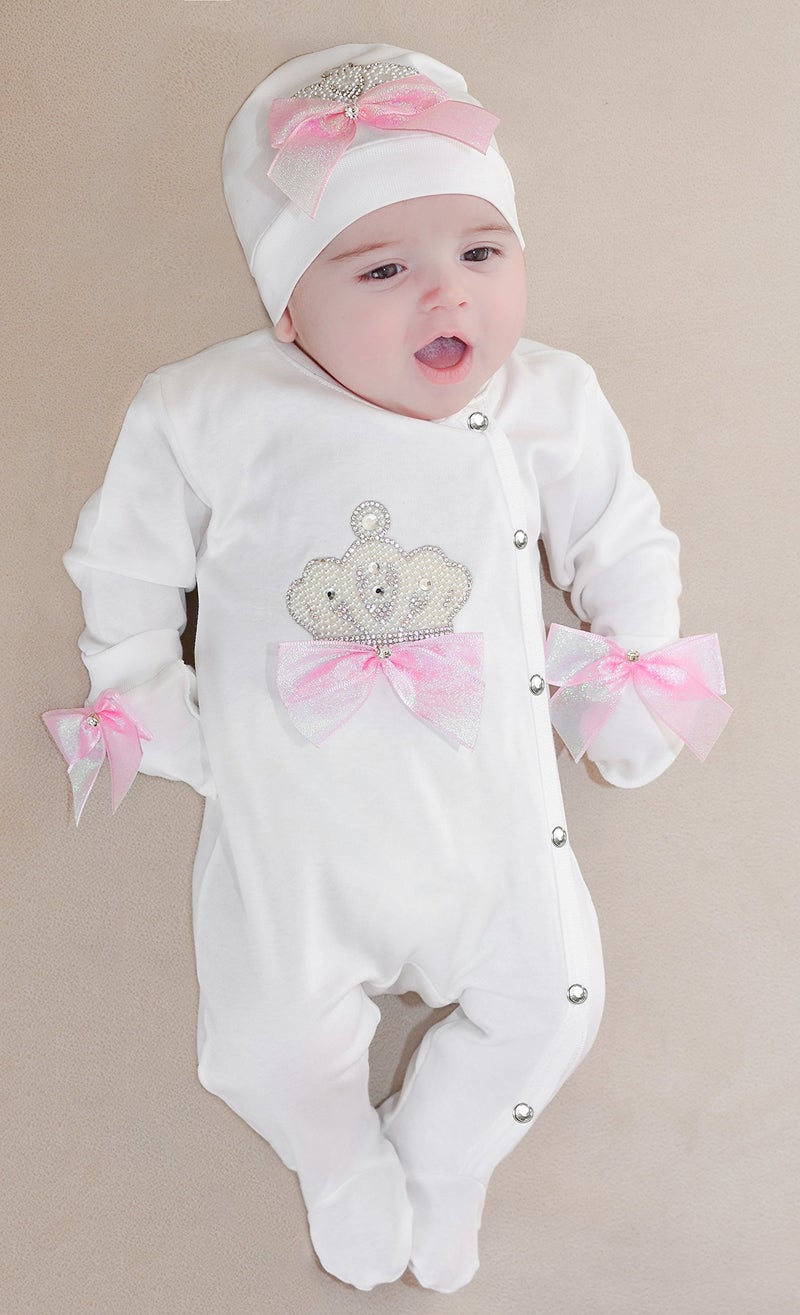 Lilax Baby Girl Jewels Crown Layette 3 Piece Gift Set 3-6 Months Pearl Crown - Image 2