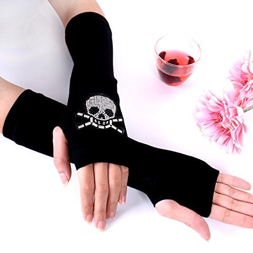 JISEN Women Punk Winter Arm Warmer Knitted Stretchy Soft Fingerless Gloves Black B - Image 4