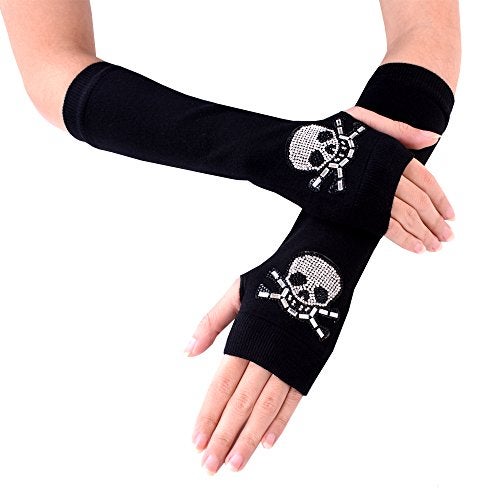 JISEN Women Punk Winter Arm Warmer Knitted Stretchy Soft Fingerless Gloves Black B - Image 2