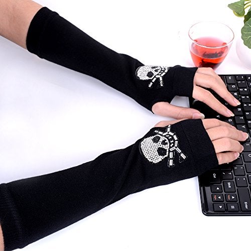JISEN Women Punk Winter Arm Warmer Knitted Stretchy Soft Fingerless Gloves Black B - Image 5