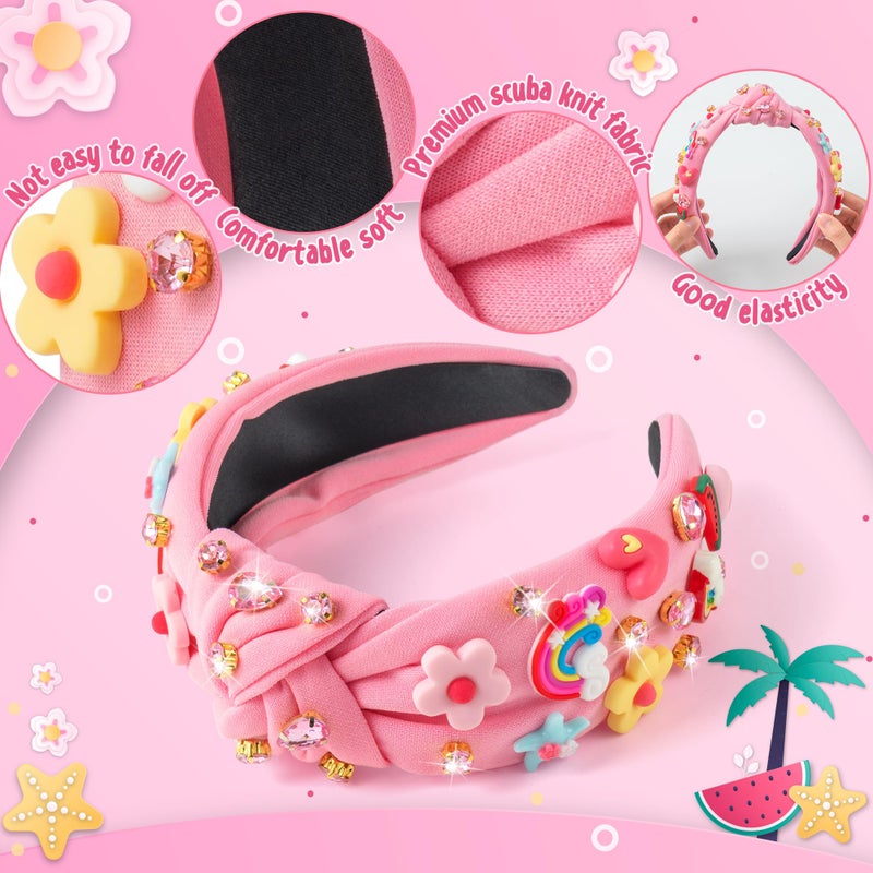 PANTIDE Floral Jeweled Knotted Headband - Rainbow Rhinestone Crystal Embellished Headband Wide Top Knot Fashion Hairband Hair Accessories Spring Summer Birthday Gift for Women Girls (Pink) - Image 3