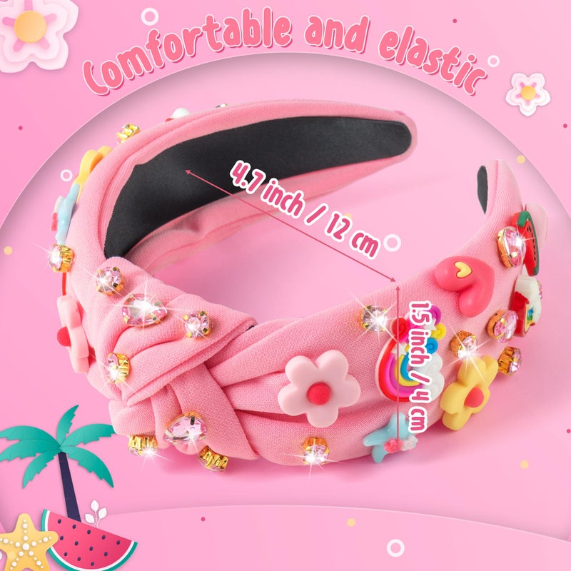 PANTIDE Floral Jeweled Knotted Headband - Rainbow Rhinestone Crystal Embellished Headband Wide Top Knot Fashion Hairband Hair Accessories Spring Summer Birthday Gift for Women Girls (Pink) - Image 2