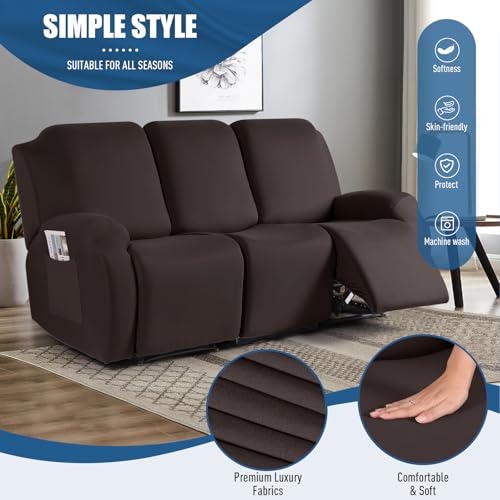 TAOCOCO Recliner Sofa Slipcover, 3 Pieces Polyester Fabric Stretch Sofa Covers for 3 Seat Reclining Couch, Soft Washable Furniture Protector with Pockets (3 Seat, Coffee) - Image 2
