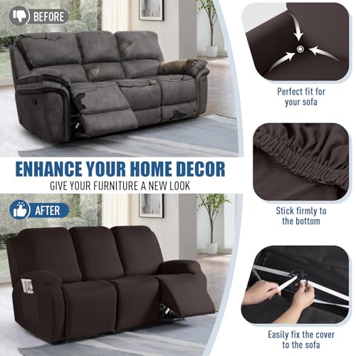 TAOCOCO Recliner Sofa Slipcover, 3 Pieces Polyester Fabric Stretch Sofa Covers for 3 Seat Reclining Couch, Soft Washable Furniture Protector with Pockets (3 Seat, Coffee) - Image 5