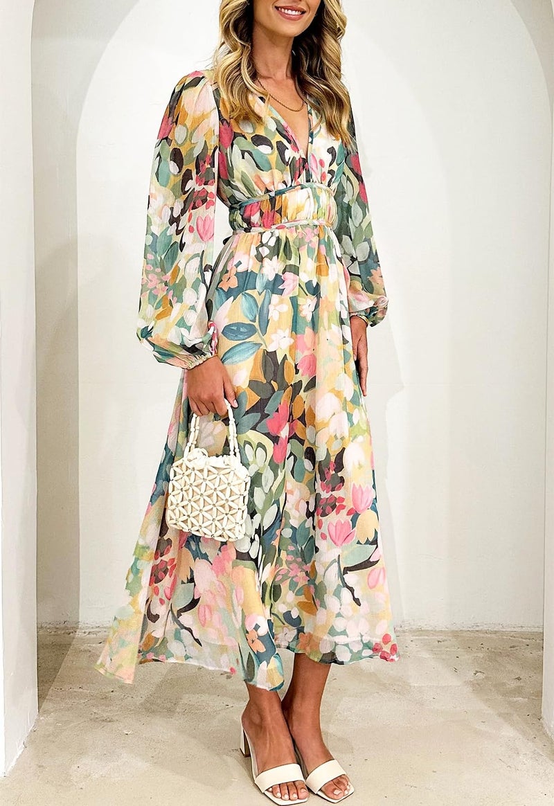 Maxigerui Women's Long Sleeve Floral Maxi Dress Summer Wedding Guest Dress Green Floral L - Image 4