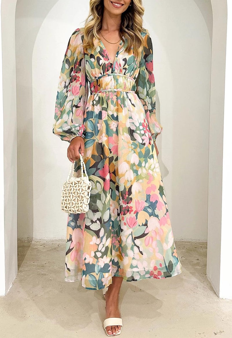 Maxigerui Women's Long Sleeve Floral Maxi Dress Summer Wedding Guest Dress Green Floral L - Image 5