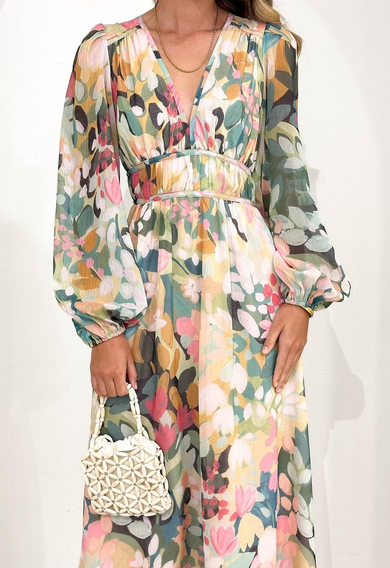 Maxigerui Women's Long Sleeve Floral Maxi Dress Summer Wedding Guest Dress Green Floral L - Image 2