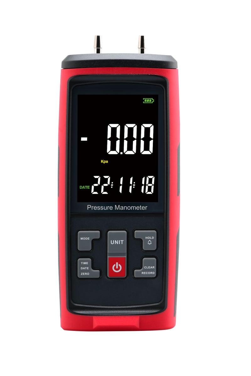 GT5101 مقياس الضغط الرقمي، مقياس الضغط ثنائي المنفذ لاختبار ضغط الغاز، مقياس ضغط الهواء المحمول المحترف، مقياس الضغط التفاضلي بـ13 وحدة قابلة للاختيار، مع شاشة LCD كبيرة