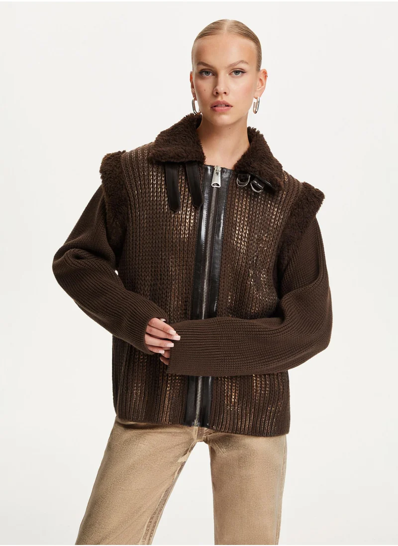 نوكتورن Leather Garnished Knitwear Jacket